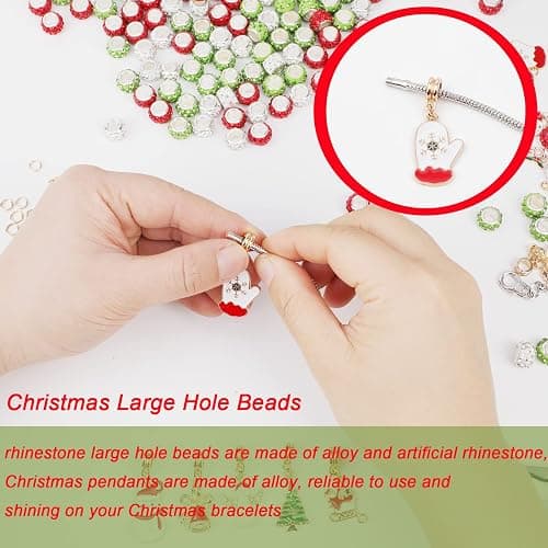 200 Piece Christmas Bead Kit - Large Hole, 180 Rhinestone European Beads, 20 Cute Christmas Pendants for DIY Bracelet Jewelry Making (Red, Green, White) thumbnail 5