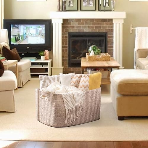 OIAHOMY 75L Large Woven Cotton Rope Storage Basket with Handle for Organizing Blanket and Toys for Living Room, Nursery, Brown Variegated 22”x17”x12” thumbnail 8