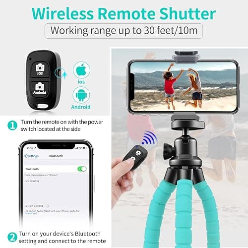 Aureday Phone Tripod, Flexible Tripod for iPhone and Android, Portable with Wireless Remote and Clip for Video Recording/Vlogging/Selfie (Blue) thumbnail 2