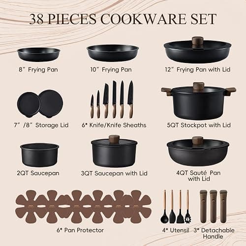 CAROTE 38pcs Pots and Pans Set Non Stick, Cookware Set Detachable Handle | Knife Set, Induction Compatible, Dishwasher & Oven Safe, Space Saving, Camping Cooking Set, Kitchen Set, Black thumbnail 3