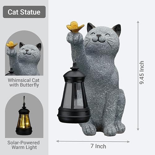 Elegondrar Solar Cat Garden Statue Outdoor Decor, Cat Sculpture with Lantern and Butterfly for Yard Lawn Patio Balcony, Christmas, Birthday Housewarming Gifts for Mom, Grandma, Women, 9.4 inch, Resin thumbnail 2