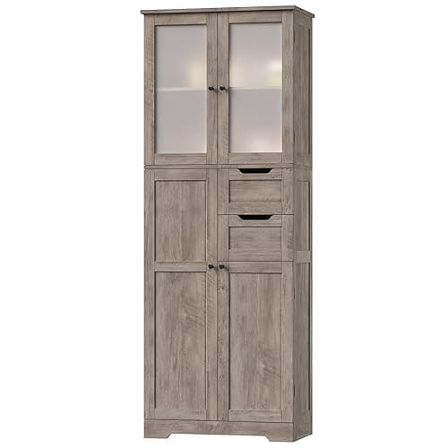 BOTLOG 67'' Tall Bathroom Storage Cabinet, Linen Cabinet with Glass Doors and Adjustable Shelves, Kitchen Pantry with 2 Drawers for Bathroom, Living Room, Dining Room, Rustic Grey thumbnail 10