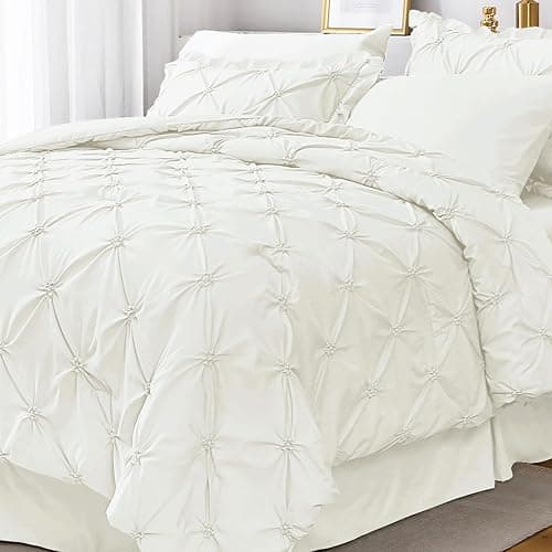JOLLYVOGUE Ivory Full Size Comforter Sets 7 Pieces, Pintuck Bed in a Bag Comforter Set for Bedroom, Bedding Comforter Sets with Comforter, Sheets, Ruffled Shams & Pillowcases - Image 1
