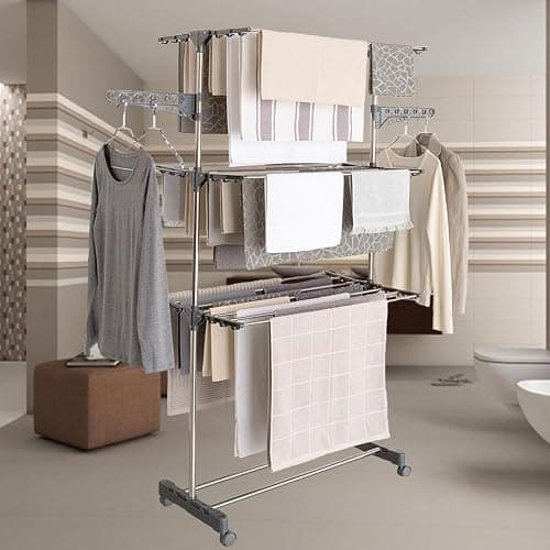 IDMarket - Séchoir à Linge Vertical Pliable 3 Niveaux Maxima capacité 20M INOX et Gris thumbnail 4