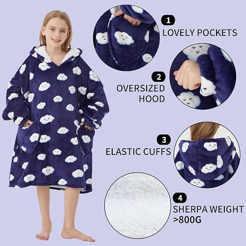 Mewkou Wearable Blanket Hoodie for Kids Oversized Sherpa Blanket Hoodie for Kids Boys Girls Teens 6-13YR,Navy Blue Cloud thumbnail 4