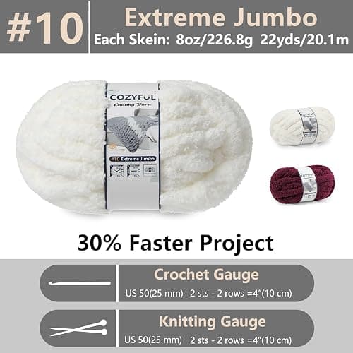 Cozyful Chunky Yarn for Hand Knitting - #10 Chunky Chenille Yarn, Jumbo Big Thick Chunky Yarns for Crocheting, Super Bulky Chunky Knit Blanket Yarns, 8 Skein (22yd, 8oz/Skein), Cream & Wine thumbnail 3