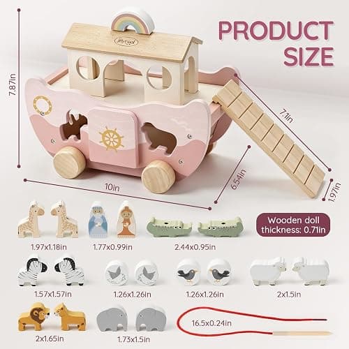 Joyreal Pink Wooden Noah's Ark Toy for 1 Year Old Baby Girl Baptism Gifts | Montessori Educational Toy, Animal Shape Sorter, Christian Toys for Toddler Boy 1-3 Years Old, Christmas Birthday Gift thumbnail 3