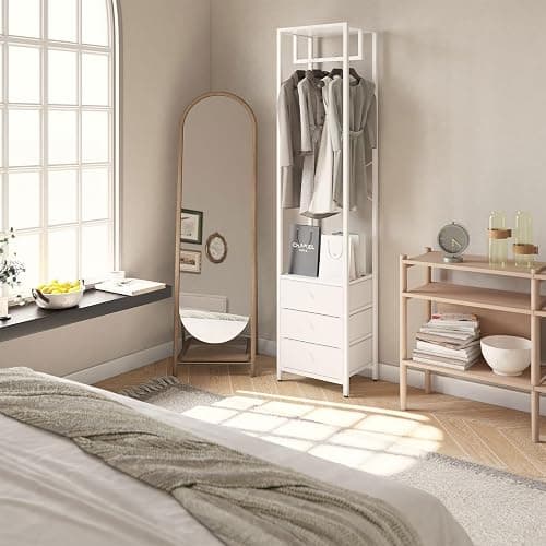 YMYNY Coat Rack with Non-woven Drawer, Freestanding Tall Closet Organizer, Clothes Rack with Rod, Tall Clothes Standing Dresser for Bedroom, Living Room, Entryway, 39×29×179CM White HGR001W thumbnail 4