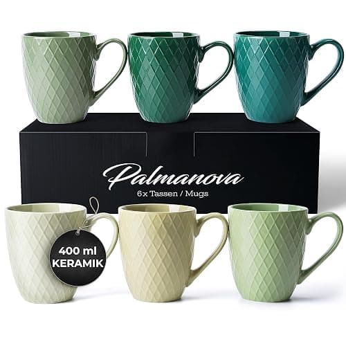 MIAMIO - Coffee Mugs set of 6 / Coffee Cups - 6 x 14 Oz Ceramic Mugs - Large Coffee Mugs - Microwave & Dishwasher safe - Palmanova Collection (Green) - Image 1