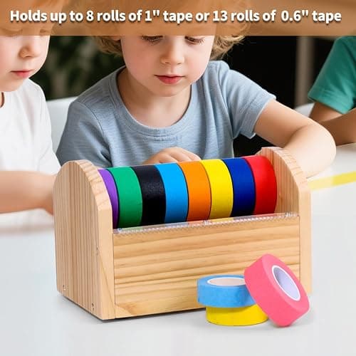 Kids Masking Tape Dispenser, Wooden Multi Roll Craft Tape Dispenser, Washi Tape Holder Organizer, Cutter for Gift Wrapping, Gift for Children Office Home School, Acrylic Serrated Cutter thumbnail 2