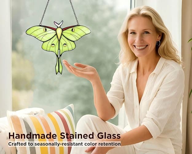 AuroAura Green Luna Moth Stained Glass Window Hanging - Handmade Real Glass Suncatcher for Women, Mom, Grandma - Elegant Green Butterfly Gifts Box Home Decor (H5.8xW7.3 Inch) thumbnail 6