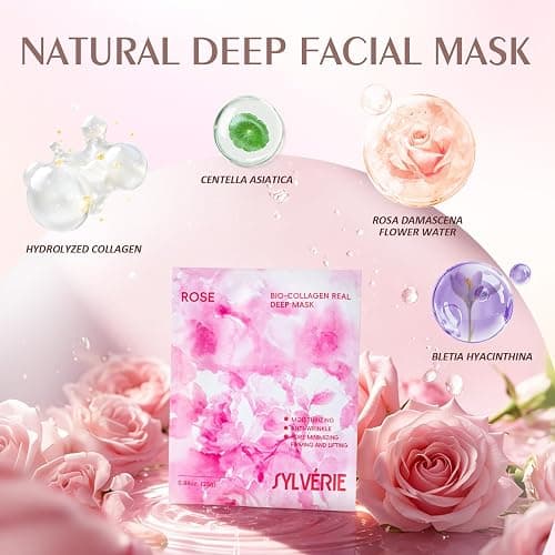 sylvérie Rose Bio-Collagen Face Masks, 10 Pack Hydrating Facial Mask | Skin Care for Women, Moisturizing Beauty Rose Sheet Masks, Spa Gift for Women, Hydrating Mask for All Skin Types thumbnail 3