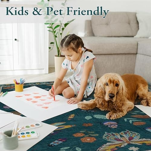 Lahome Insect Print Washable Rugs for Living Room, Soft Area Rug 6x9 Rug for Bedroom Ultra-Thin Dining Room Rug, Stain Resistant Large Carpet for Office Nursery Vionnet(6'x9',Dark Green) thumbnail 4