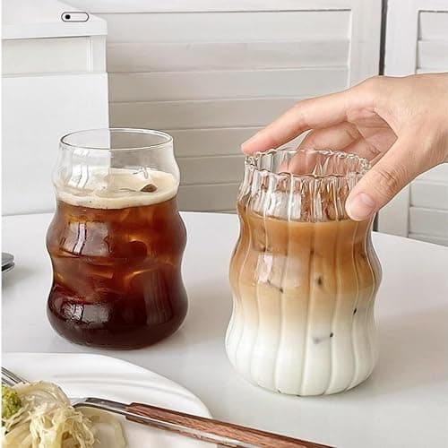 2 Pcs Ribbed Glass Cups, 18 Oz Vintage Drinking Glassware with Wave Shape Design, Bubble Cups for Iced Coffee, Juice, Beverage, Milk, Cocktails, Bubble Tea, and More thumbnail 9