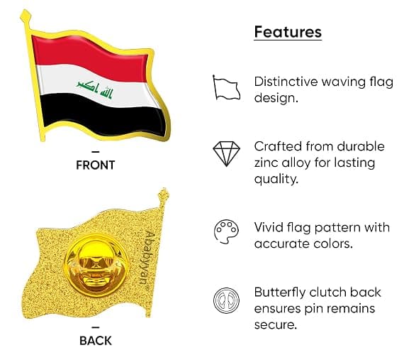 Iraq Flag Lapel Pin - Enamel Metal National Badge | World Travel Souvenir Gifts for Men & Women | Country Flag Patriotic Brooch Bulk Pack of Pins for Hat, Tie, Clothes, Backpack (1pc) thumbnail 3