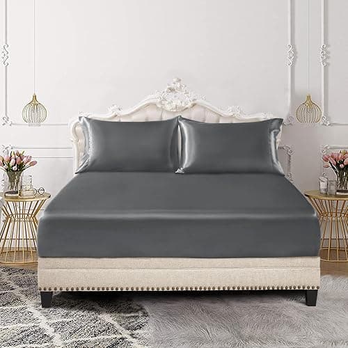 SiinvdaBZX 3-Piece Set Satin Full Fitted Sheet & 2 Pillowcase, Grey | Silky Soft Fitted Bottom Sheet, Deep Pocket Sheet Design Fits 15 Inch Mattress, Wrinkle Free, Fade Resistant thumbnail 2