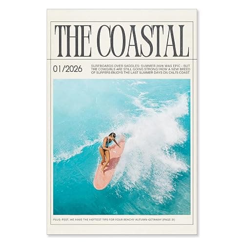 Vintage Magazine Cover Poster The Coastal Cowgirl Beachy Newspaper Canvas Wall Art Surfer Riding Wave Aesthetic Prints Painting For Home Bedroom Dorm Wall Decor 12x16in Unframed - Image 1