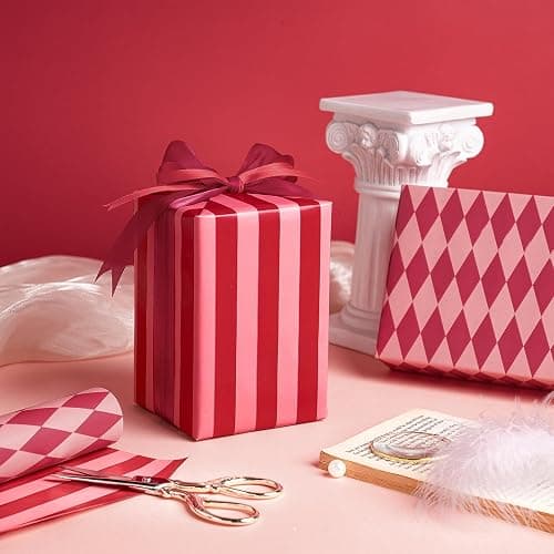 RUSPEPA Reversible Wrapping Paper Roll for Girls, Mini Roll, Red and Pink Stripes and Diamond Pattern, Holiday Gift Wrap for Christmas, Valentine's Day, Merry Market Gifts, 17 Inches x 16.4 Feet thumbnail 4
