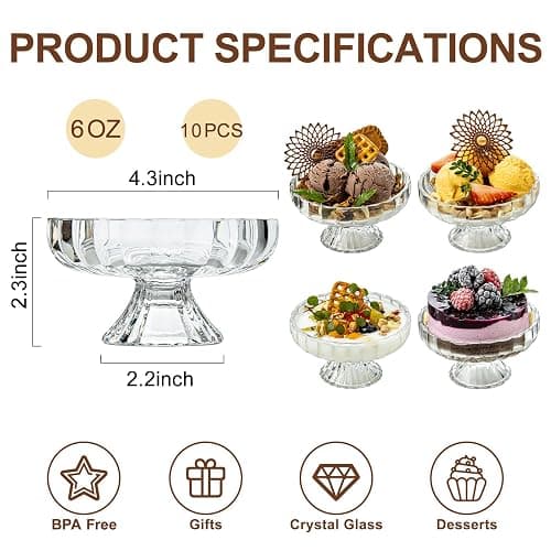 JGKYLDZ Vintage Glass Dessert Bowls 6oz, Lead-Free Glass Ice Cream Bowl, Small Fruit and Candy Goblet Plate for Ice Cream, Sundae, Pudding, Yogurt, Pastry, Cake, Dessert, Fruit, Snack (10) thumbnail 3