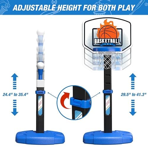 Wee Wonders 2 in 1 Toddler Basketball Hoop and T Ball Set with Automatic Pitching Machine - Adjustable Height, Kids Basketball Hoop Suit for Indoor/Outdoor, Sport Toys Gifts for Boys Age 3-5, Black thumbnail 4