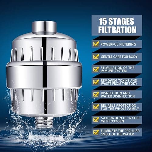 FEELSO Shower Head and 15 Stage Shower Filter Combo, High Pressure 5 Spray Settings Filtered Showerhead with Water Softener Filter Cartridge for Hard Water Remove Chlorine and Harmful Substances thumbnail 3