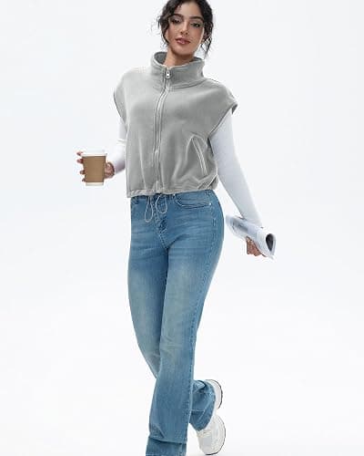miswek Women's Full Zip Fleece Short Vest Warm Winter Sleeveless Stand Collar Sherpa Crop Coat thumbnail 5