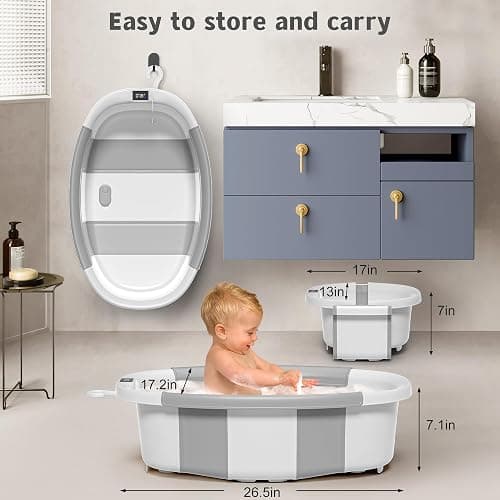 Himold Collapsible Baby Bathtub for Newborn to Toddler 0-36 Months, Spacious Foldable Infant Bath Tub with Thermometer, Cushion & Drain Hole, Portable Travel Tub Grey thumbnail 3