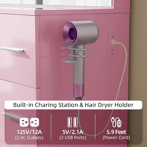 VALONDINO Makeup Vanity Desk with Power Outlet, 46'' Glass Top Vanity Set, 7 Drawers Vanity Table with Cushioned Stool, 3 Lighting Modes Brightness Adjustable,Pink - Glass top-Pink - 46IN thumbnail 7