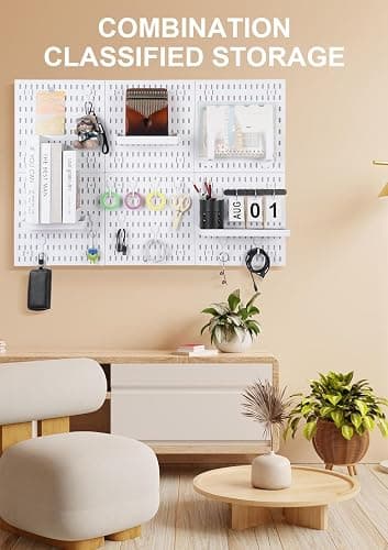 Pegboard Wall Organizer Kit – Heavy Duty 20lbs Load Bearing, Easy Installation, 4 Peg Board Panels 14 Accessories – Multi-Surface Use For Garage, Office, Kitchen & Crafts (White Pegboard,24″×24″) thumbnail 6