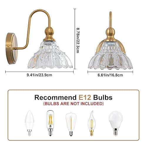 BrkNit Vintage Bathroom Light Fixtures Over Mirror, 1-Light Brass Wall Sconce Lighting with Flower Glass Shade, Farmhouse Vanity Lights for Bedroom Kitchen Living Room Hallway Light thumbnail 4