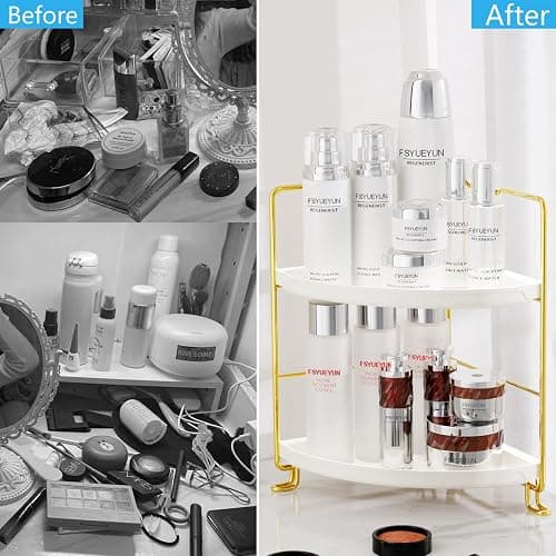 FSyueyun 2-Tier Corner Bathroom Counter Organizer, Tool-Less Installation Vanity Shelf Small Plastics Countertop Makeup Tray Skincare Perfume Organizers (Gold) thumbnail 8