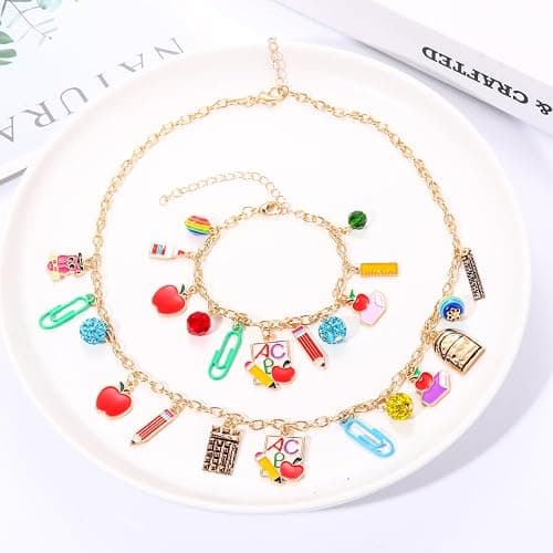YAHPERN Teacher Necklace Earrings Bracelet for Women, Teacher Accessories, Cute Apple Pencil Book Charms Bracelet Choker Necklace Apple Earrings Teacher Appreciation Gifts Back To School Jewelry thumbnail 7