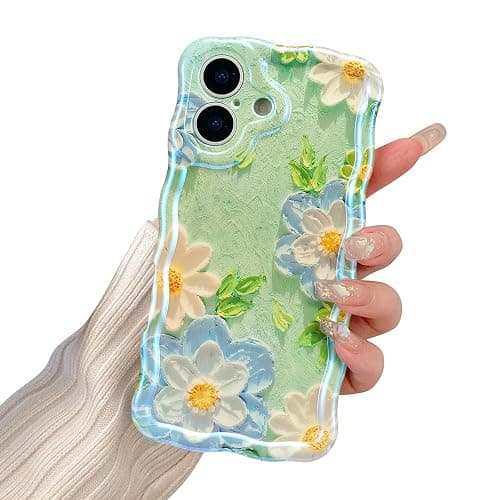 EYZUTAK Case for iPhone 17, Colorful Retro Oil Painting Flower Laser Glossy Pattern Cute Curly Wave Edge Exquisite Phone Cover Stylish Durable TPU Protective Case for Girl Women - Blue White thumbnail 9