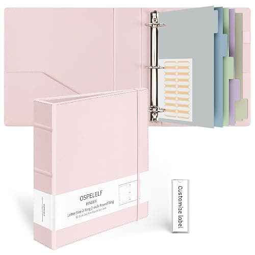 Ospelelf Vintage Hardcover 3 Ring 2 inch Leather Binder, Professional Binders Organizer Suitable for Letter Size, Binder Dividers with Tabs, Rose Pink - Pink - 2 Inch - Image 1