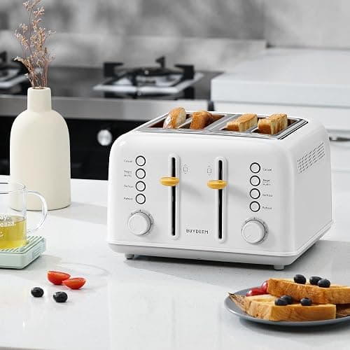 BUYDEEM DT640 4 Slice Toaster, Extra Wide Slots, Retro Stainless Steel with High Lift Lever, Bagel and Muffin Function, Removal Crumb Tray, 7-Shade Settings (Arctic White, 4-Slice) thumbnail 8
