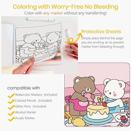 Cute Coloring Book Set for Teens Adults Relaxation, Easy and Simple Designs Coloring Book for Teens Girls, Stress Relief Gifts for Women with 36 Colors Markers & 12 Glitter Pens & 12 Colored Pencils thumbnail 6