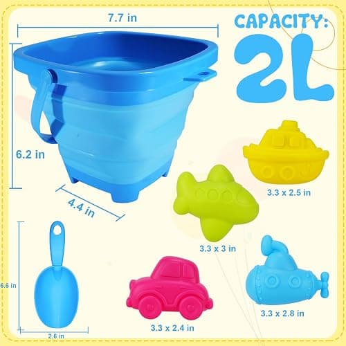Holady Beach Bucket Sand Toy for Kids,10 PCS Kids Foldable Sand Bucket, Foldable Bucket Portable Silicone Pail and Beach Shovels Set for Kids Beach Play thumbnail 2