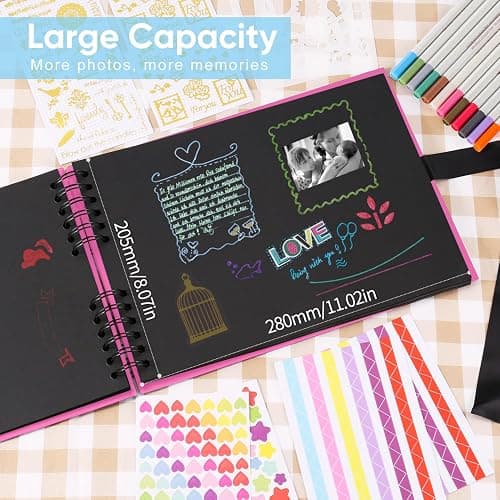DazSpirit Photo Album Scrapbook - 80 Page DIY Memory Book with 12 Metallic Pens & 8 Photo Stickers, Holds 420 Photos - Scrapbook Kit, Perfect for Writing, Drawing, and Storing Memories(Rose Red) thumbnail 3
