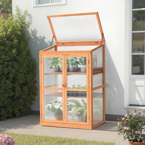 MCombo Wooden Cold Frame Greenhouse, Raised Flower Planter Shelf Protection for Outdoor Indoor Use, 0760 (Orange) thumbnail 2