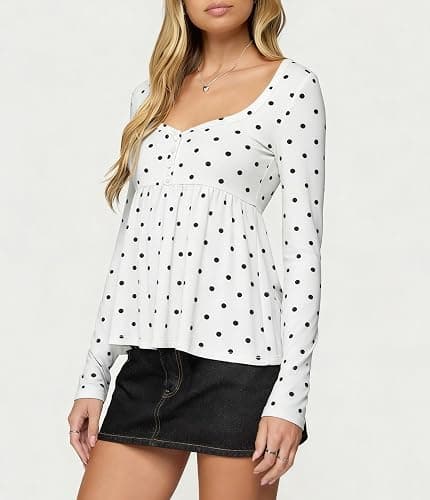 Women's Polka Dot Babydoll Top Long Sleeve Sweetheart Neck Flowy Shirt Y2k Cute Teens Going Out Tops thumbnail 2