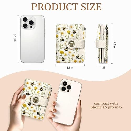 Icycay Floral Bee Small Wallet Women RFID Blocking Bifold, Credit Card Holder, Zipper Coin Pocket, PU Leather, Cute, Compact, Travel, 4 ID Window, 14 Card Slots, Cash Purse, Ladies Woman Female Girls thumbnail 4
