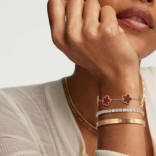 Womens Stackable Floral Gold Bracelets - 3Pcs 18K Gold Plated Bracelet,Stainless Steel Bangle Bracelets Non Tarnish, Gold Bracelet Set Trendy Jewelry,Christmas Valentines Birthday Gifts for Girlfriend thumbnail 2