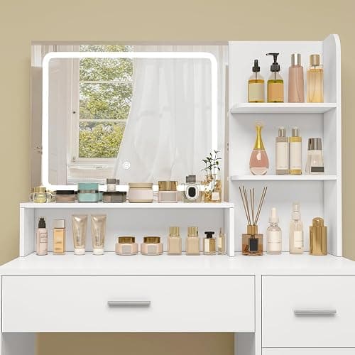Quimoo Makeup Vanity Desk with LIighted Mirror, Vanity Desk with 5 Drawers & Storage Shelves, Vanity Table, 3 Color Modes & Adjustable Brightness Dressing Table, Bedroom thumbnail 7