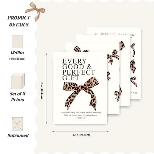LARTSFRO Coquette Leopard Bow Wall Art Decor Posters, Y2K Cheetah Leopard Bow Room Bedroom Bathroom Dorm Wall Art Decor Aesthetic for College Teen Girls Gifts, Inspirational Bible Verses Bow Wall Decor, 12x16Inch Set of 4 Pcs Cheetah Bow Pictures (UNFRAMED) thumbnail 2