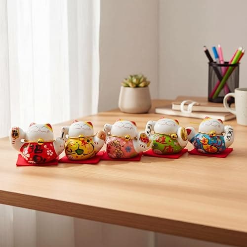 HANTHES Lucky Cat Figurines Set of 5 Mini Maneki Neko Small Cat Figurines 2 Inch Ceramic Beckoning Cat Statues Japanese Fortune Cat Decor for Home Desk Shelf Collection Gift with PVC Box thumbnail 2