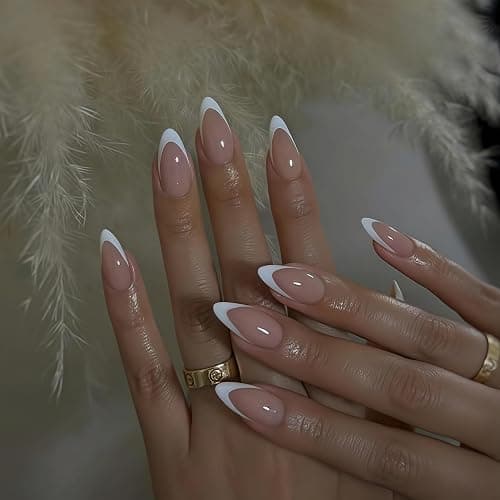 KQueenest 30 Pcs White French Tip Press on Nails Short Almond Nails Acrylic,Medium Natural Nude Fake Nails Press ons,Classic False Nails Short,Gel French Nails for Women DIY Instant Manicure thumbnail 2