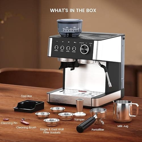 (2025 Upgrade)20 Bar Espresso Machine with Built-in Anti-Clog Coffee Grinder, Expresso Coffee Machines with Milk Steam Wand/Frother/Tamping Tools,Espresso Maker with Grinder for Lattes-Deep Black thumbnail 7