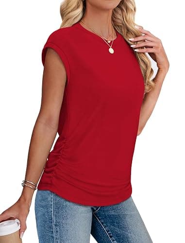 SAMPEEL Womens Summer Tops Trendy 2025 Ruched Cap Short Sleeve Tshirts Shirts Crew Neck T Shirts Fashion thumbnail 4