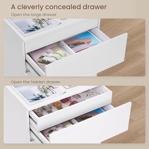 Nightstand Set of 2, 4 Drawers, 26" H with Hidden Drawer, Bedside Table with Charging Station, Modern Night Stand for Bedroom, White thumbnail 5
