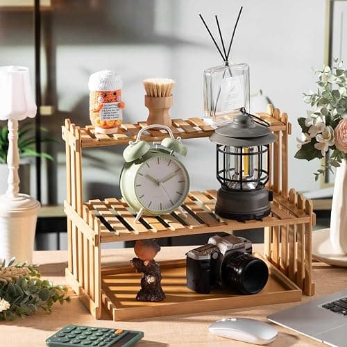 Kathfly 14.6 2-Tier Matcha Station Shelf Stand with 13 Bamboo Matcha Tea Serving Tray Coffee Station Organizer Coffee Bar Storage Rack Mug Holder Countertop for Tea Desktop Flower Pot Cup Display thumbnail 2